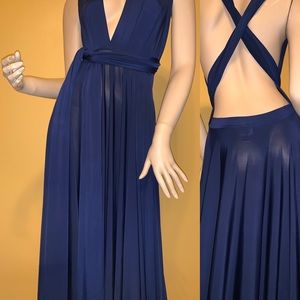 Two Birds navy blue evening gown